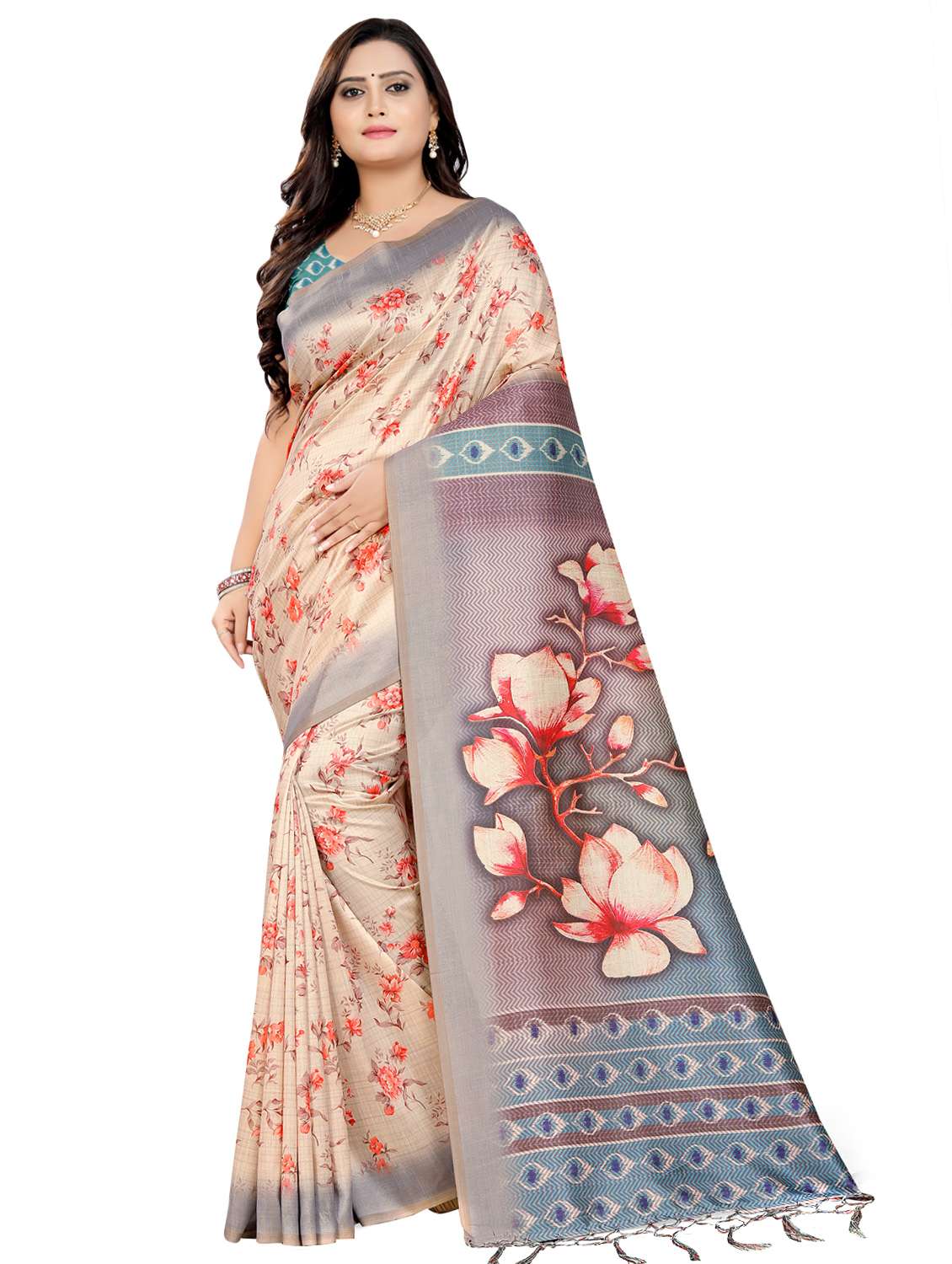 women's floral off white colored saree with blouse