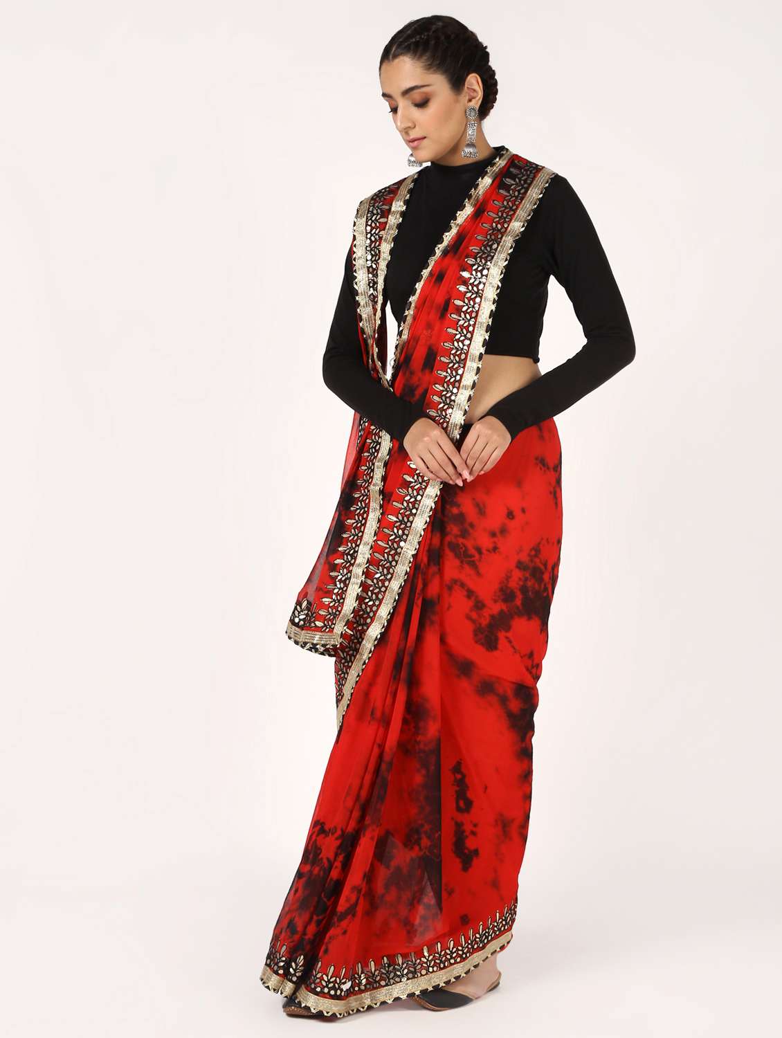 women's tie & dye red colored saree with blouse
