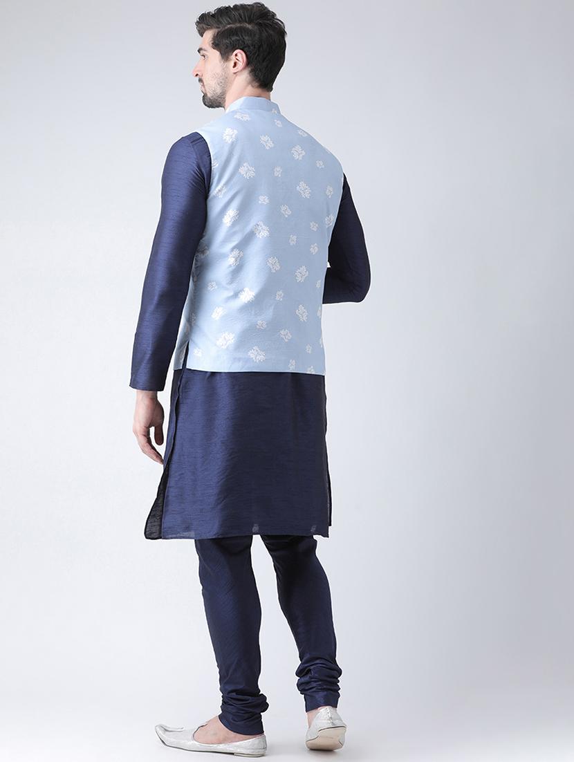 blue solid kurta pyjama set with nehru jacket - 16595385 - Standard Image - 2