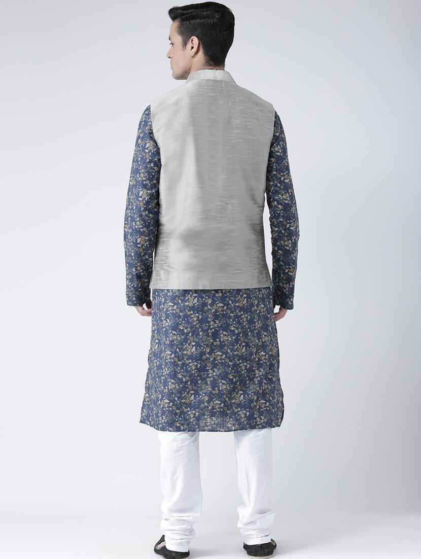 blue floral printed kurta pyjama set with nehru jacket - 16595489 - Standard Image - 2