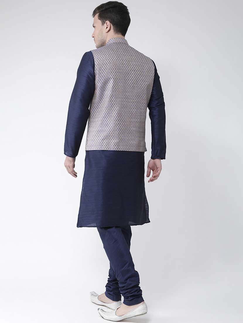 navy blue solid kurta pyjama set with nehru jacket - 16595493 - Standard Image - 2