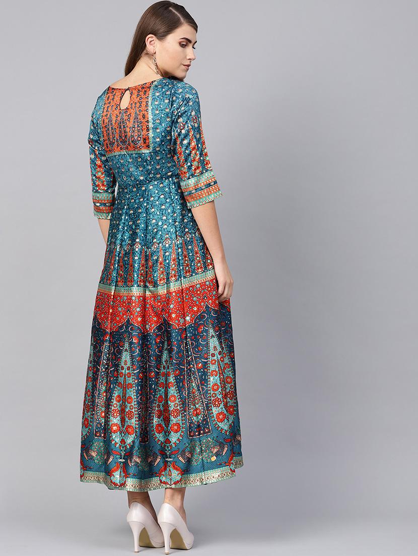 teal printed kalidar ethnic dress - 16599585 - Standard Image - 2
