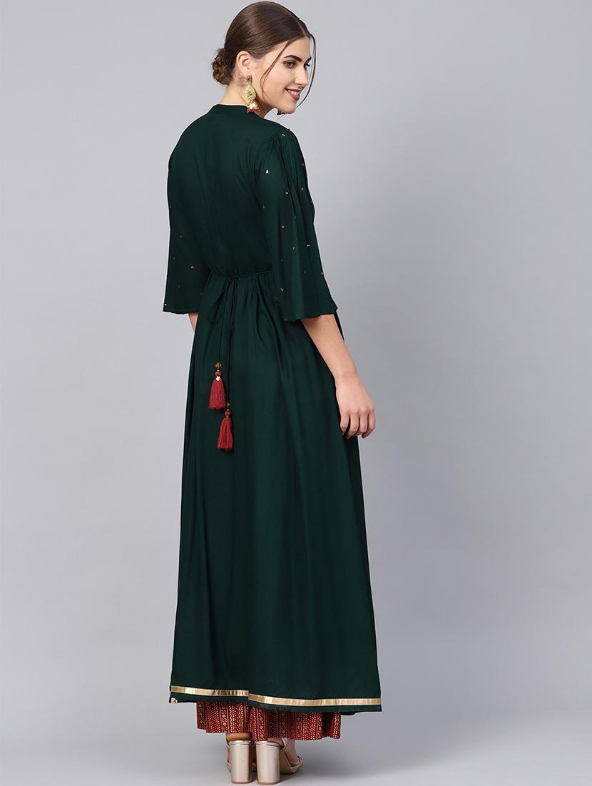 embellished front slit kurta with foil print flared palazzo - 16599620 - Standard Image - 2