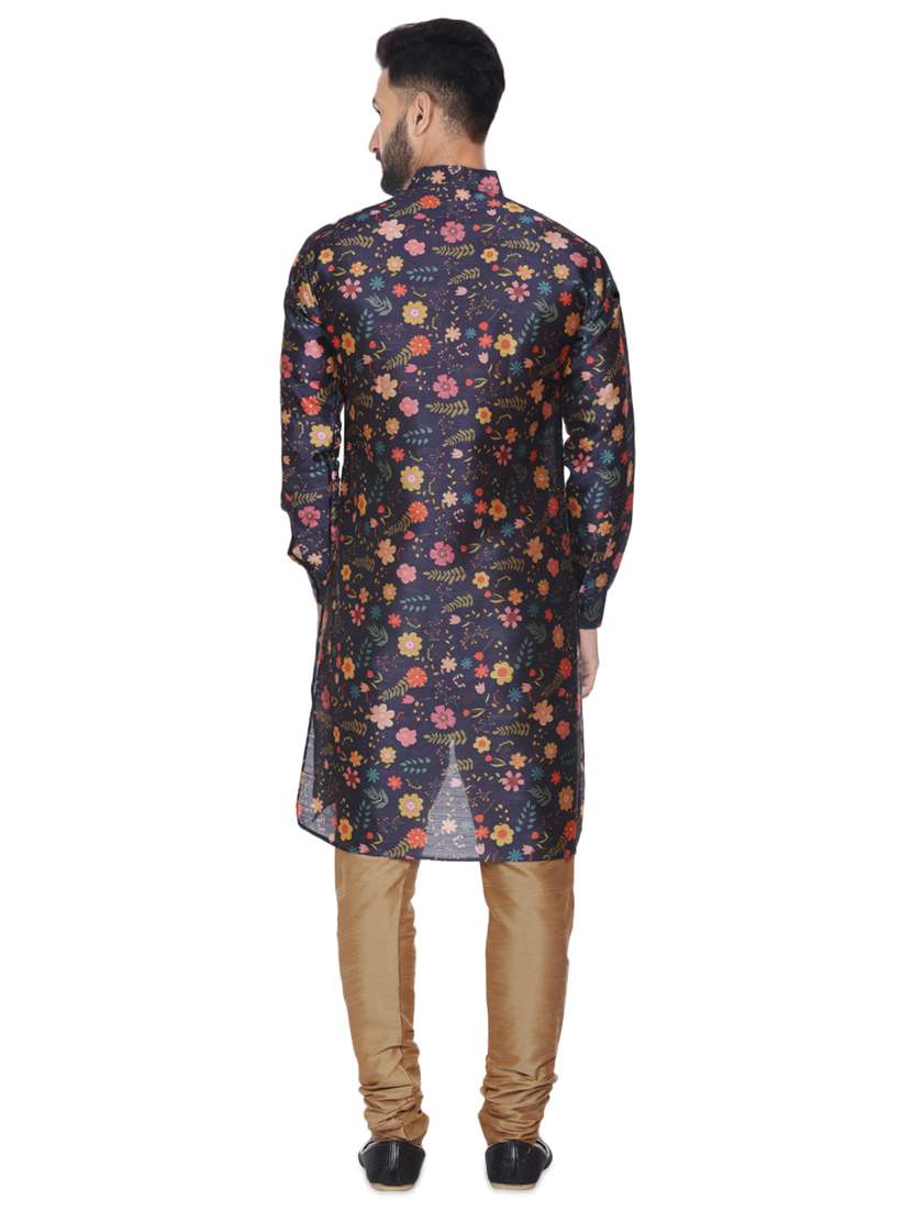 men navy blue floral print silk blend asymmetric kurta - 16599826 -  Standard Image - 2