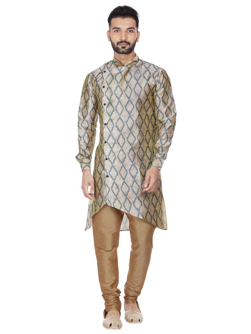 beige silk blend printed asymmetric kurta