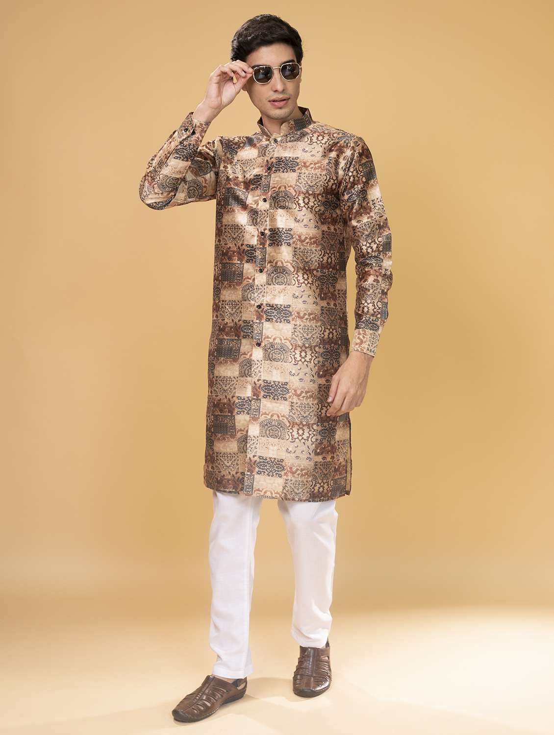 brown silk blend printed long kurta