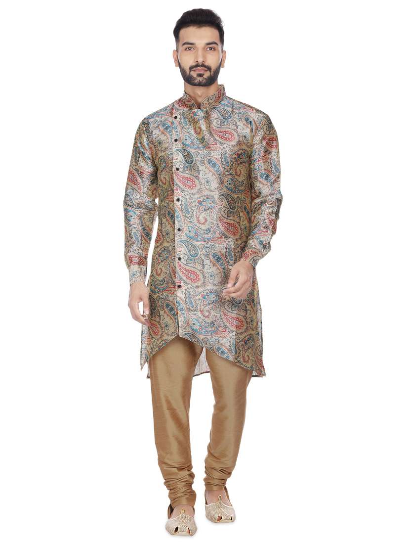 beige silk blend printed long kurta
