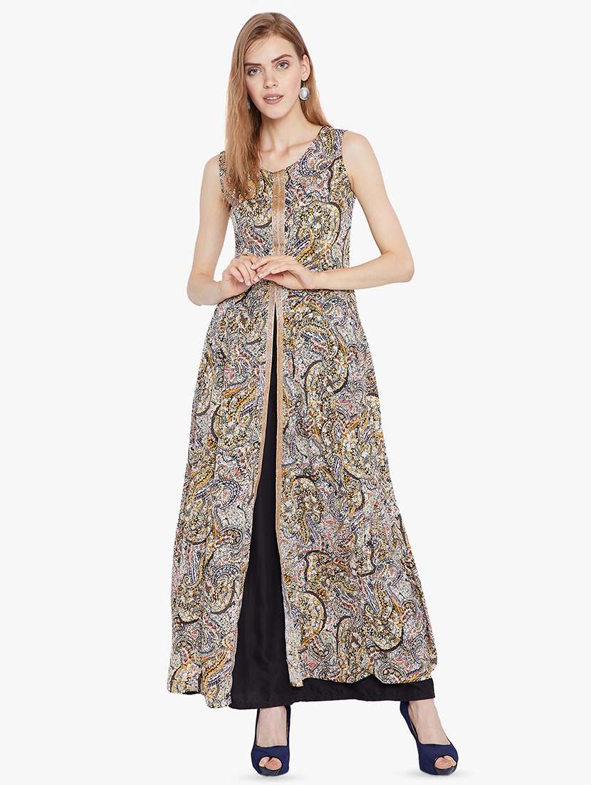 abstract printed synthetic high slit kurta - 16600742 -  Zoom Image - 0