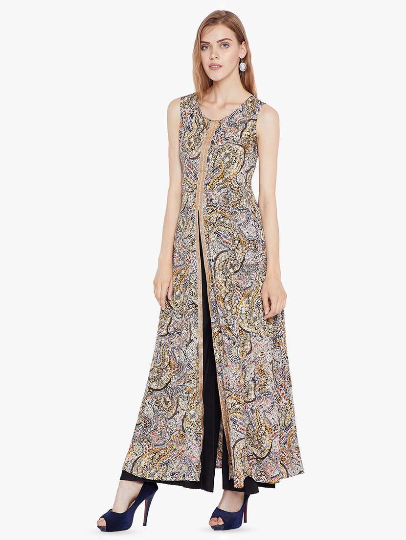 abstract printed synthetic high slit kurta - 16600742 - Standard Image - 2