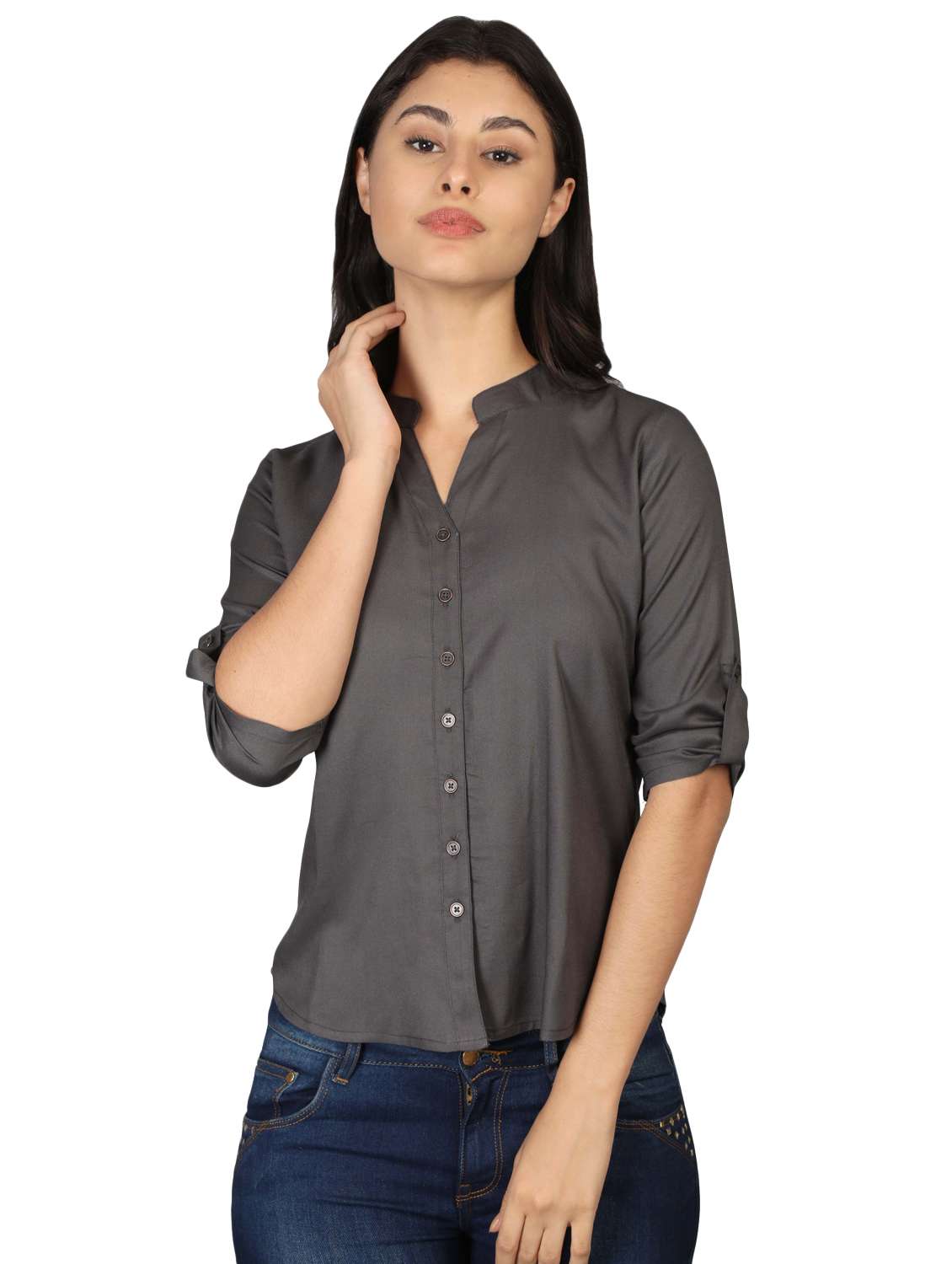 roll up sleeved mandarin neck top