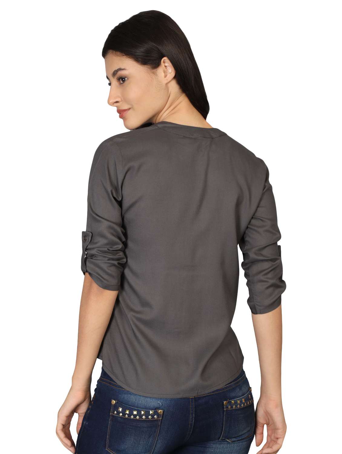 roll up sleeved mandarin neck top - 16605448 -  Standard Image - 2