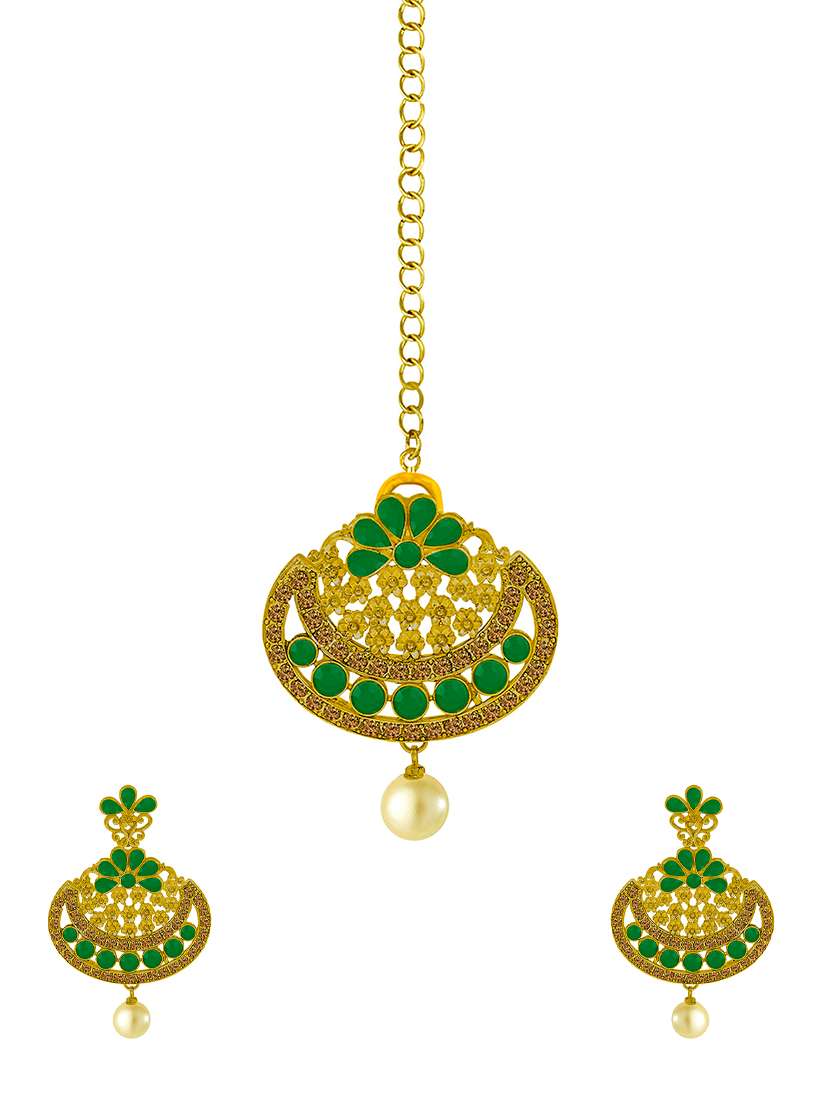 green metal chandellier earring maangtikka