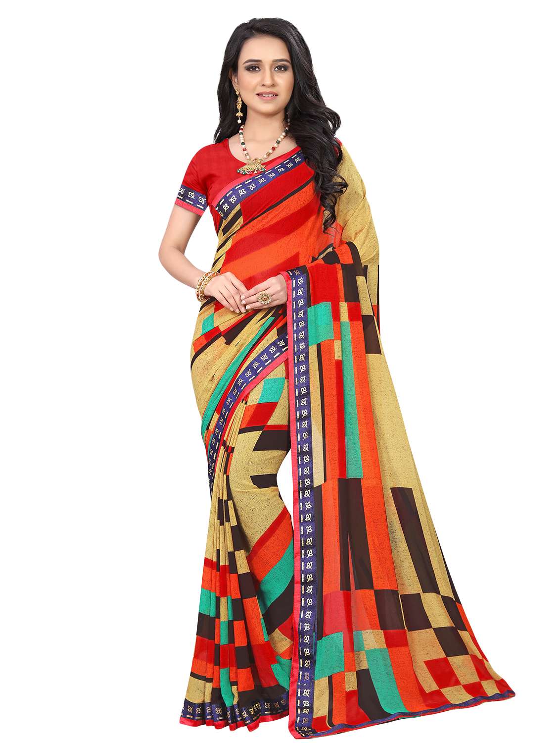 women's geometric multi colored saree with blouse