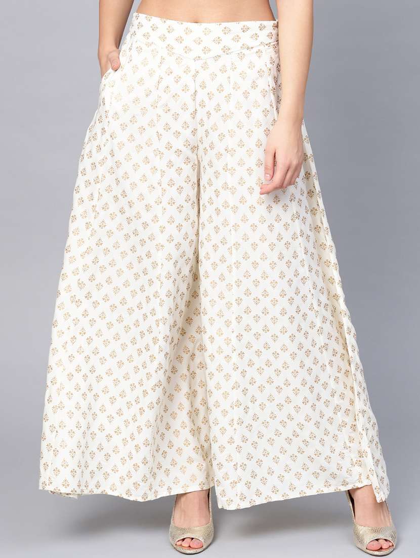 white block printed flared palazzo