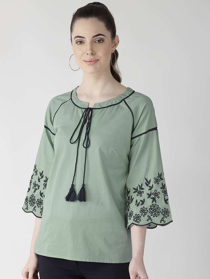 tassel tie up contrast embroidered top