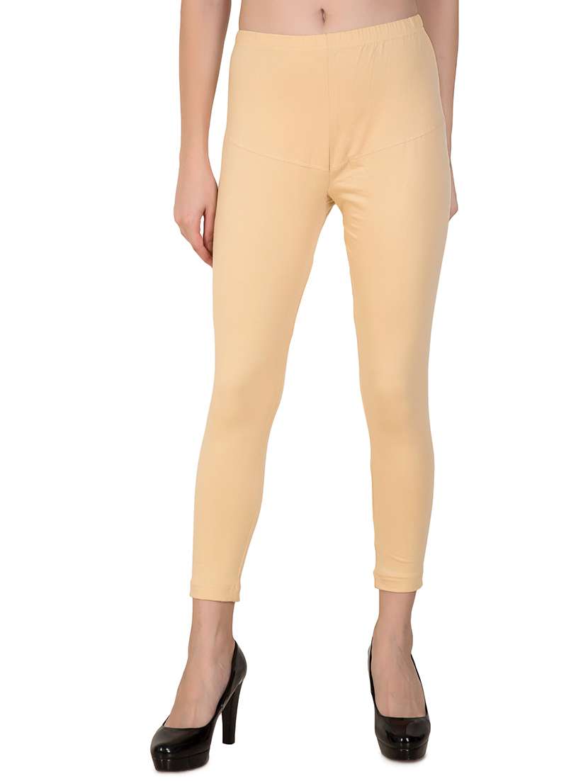 beige solid ankle length leggings