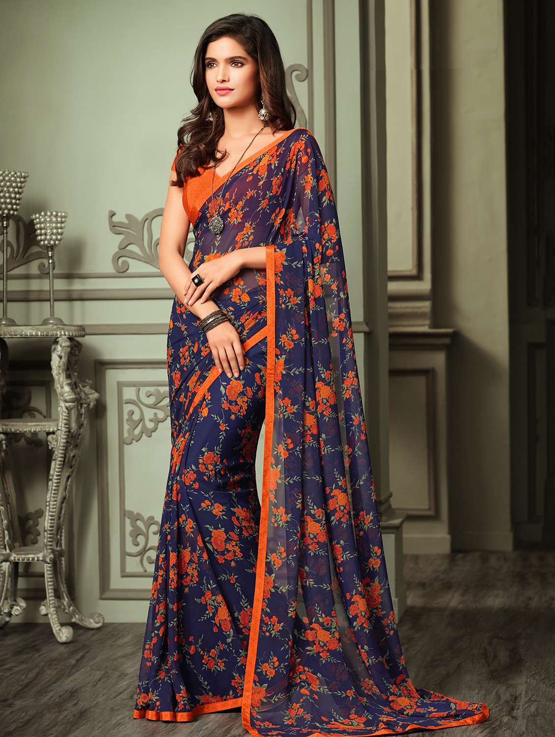 floral printed saree with blouse