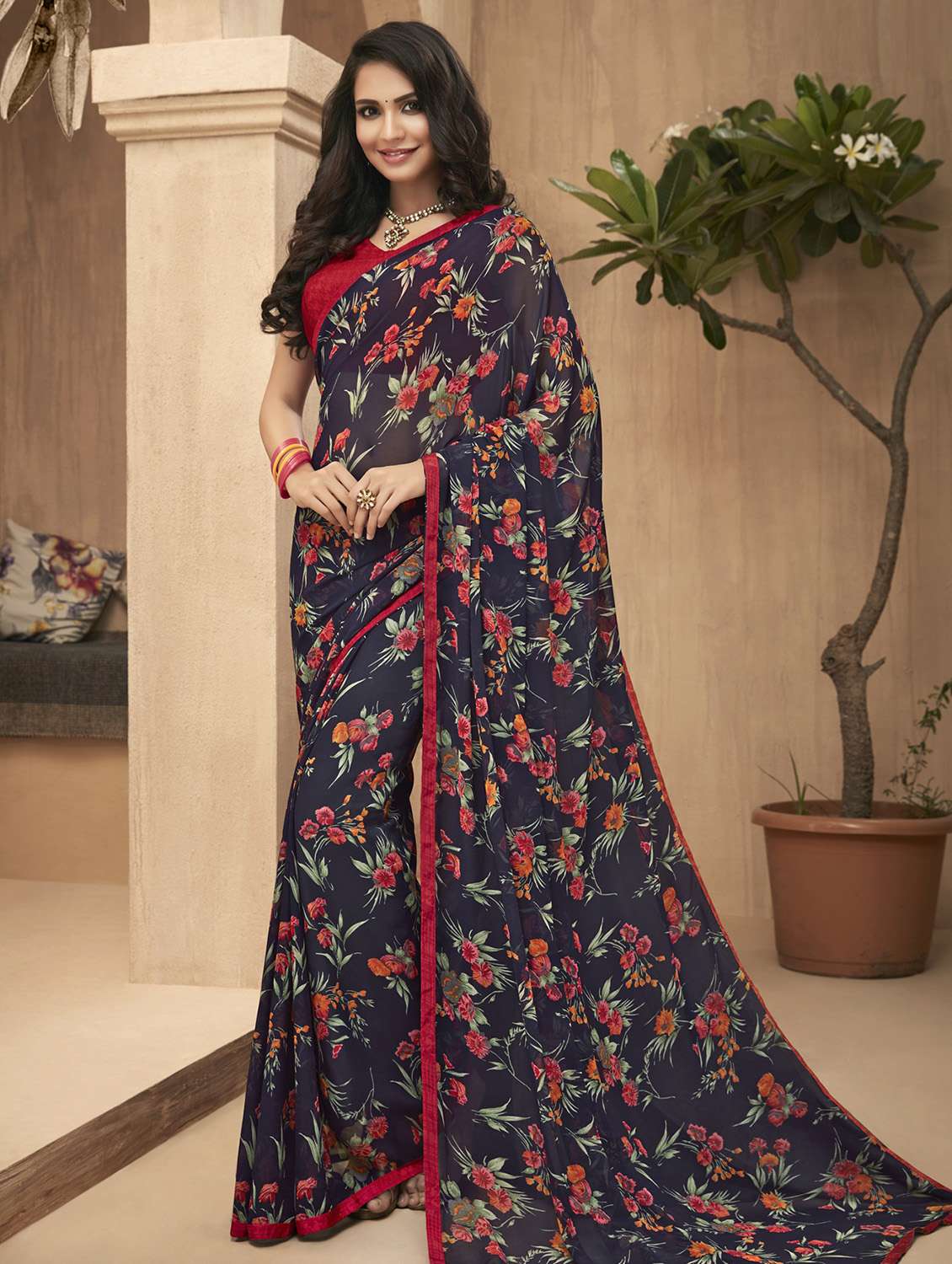 floral printed saree with blouse