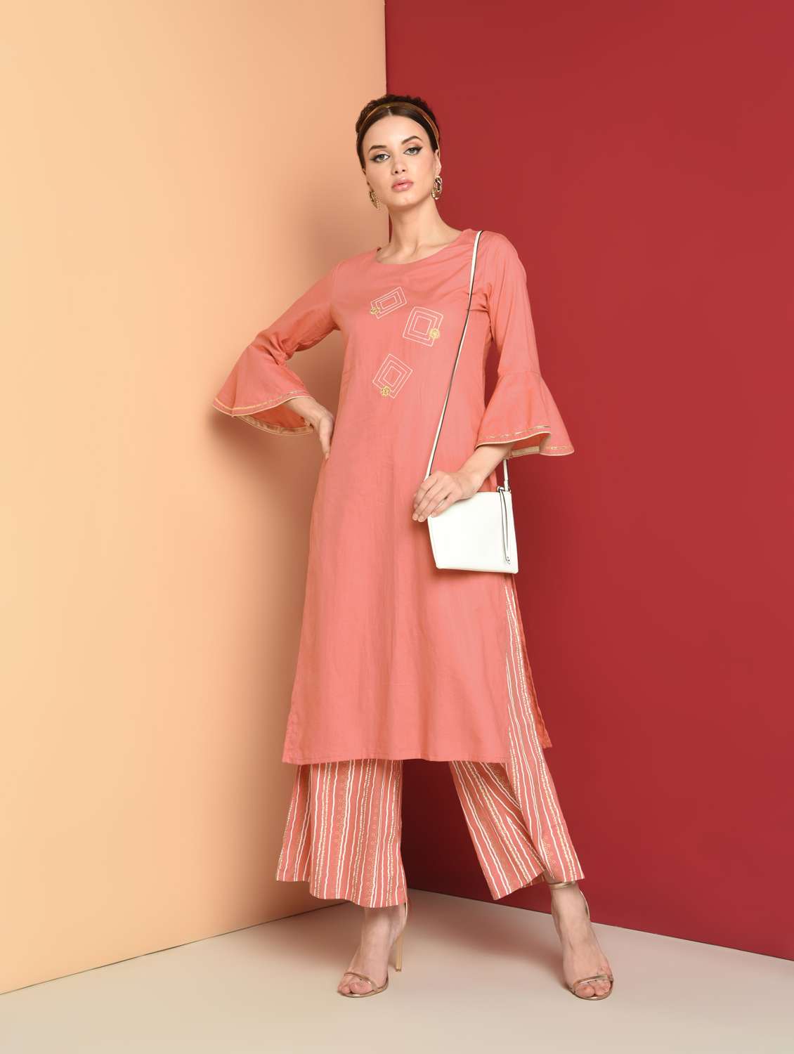 embroidered kurta with stripes palazzo set