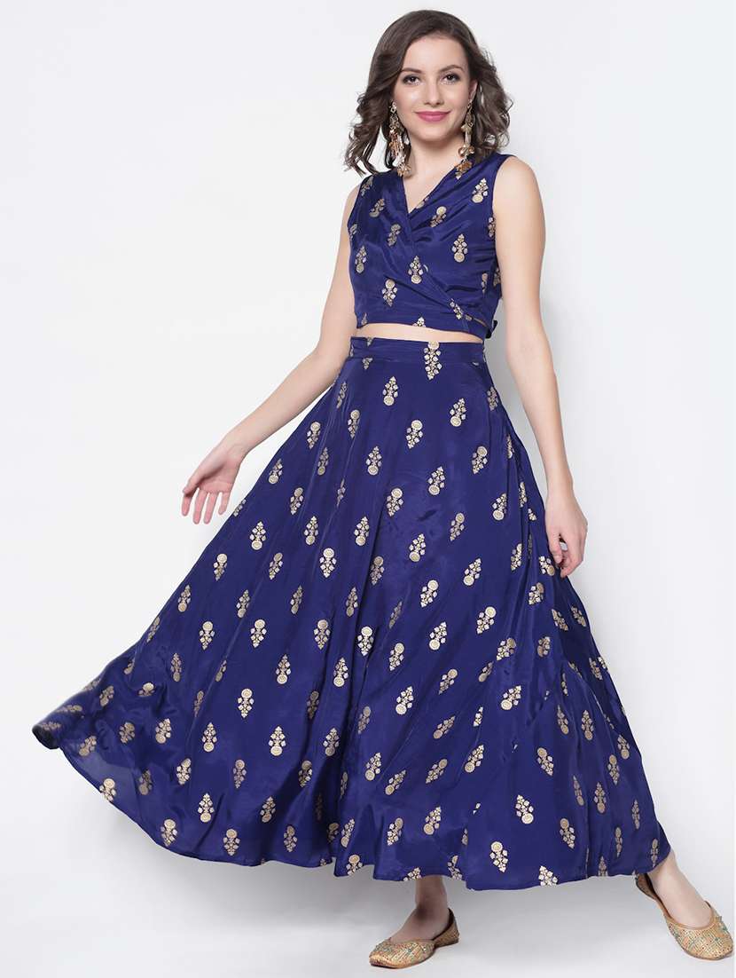 printed contrast top with flared skirt