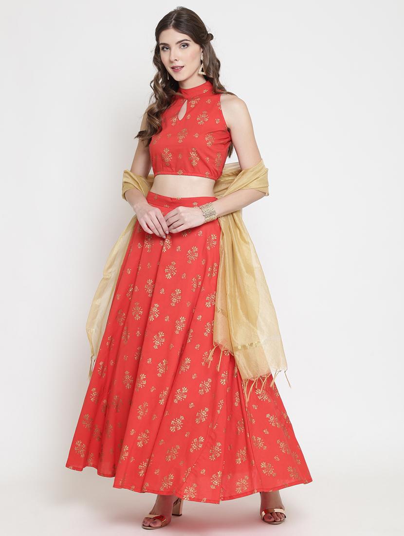 foil print flared skirt top set 