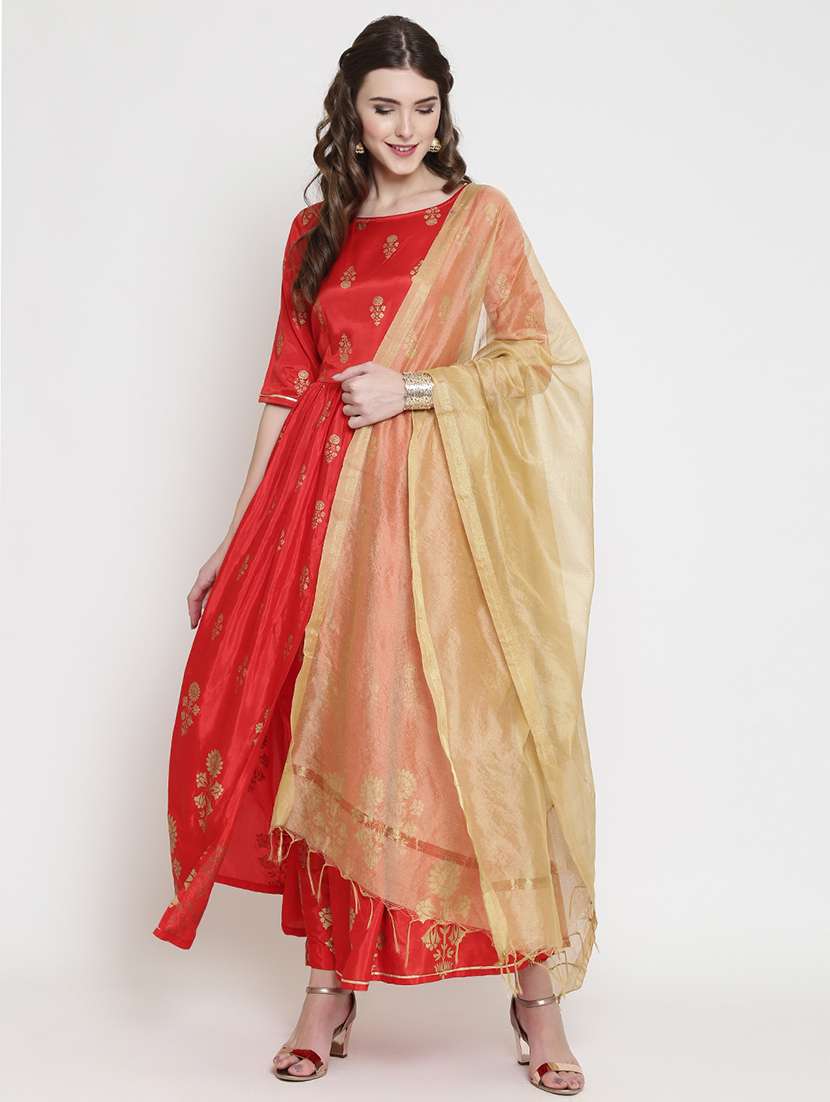 foil printed flared kurta dupatta set 