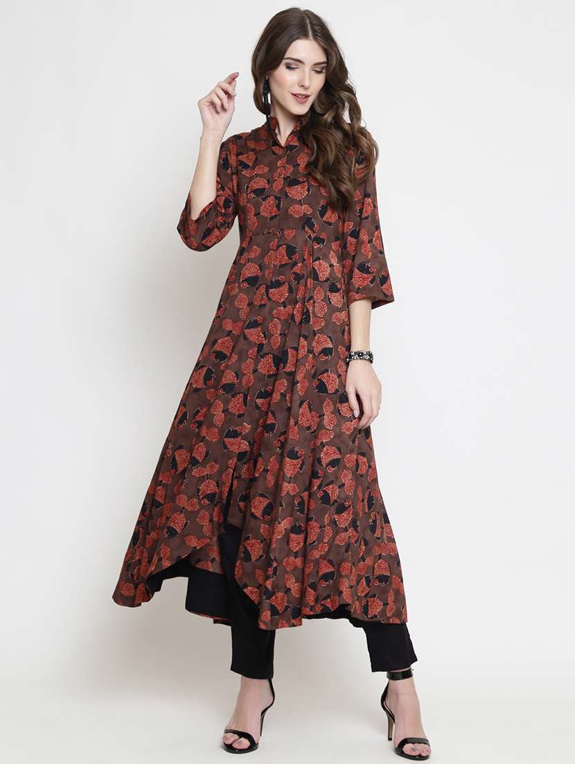 women brown block printed kurta pant set