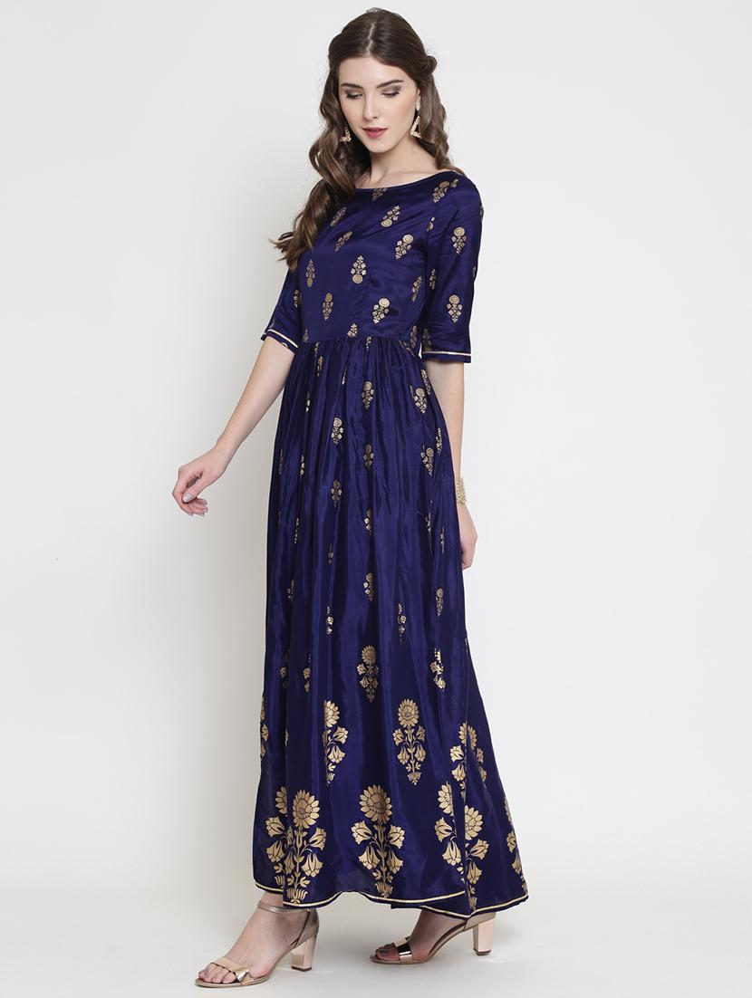 foil printed flared ethnic dress - 16659221 - Standard Image - 2