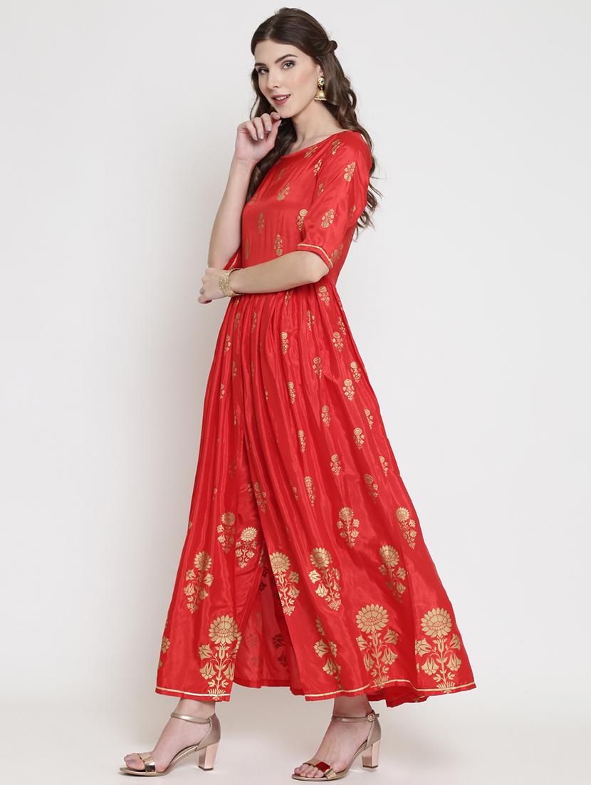 foil printed flared ethnic dress - 16659222 - Standard Image - 2