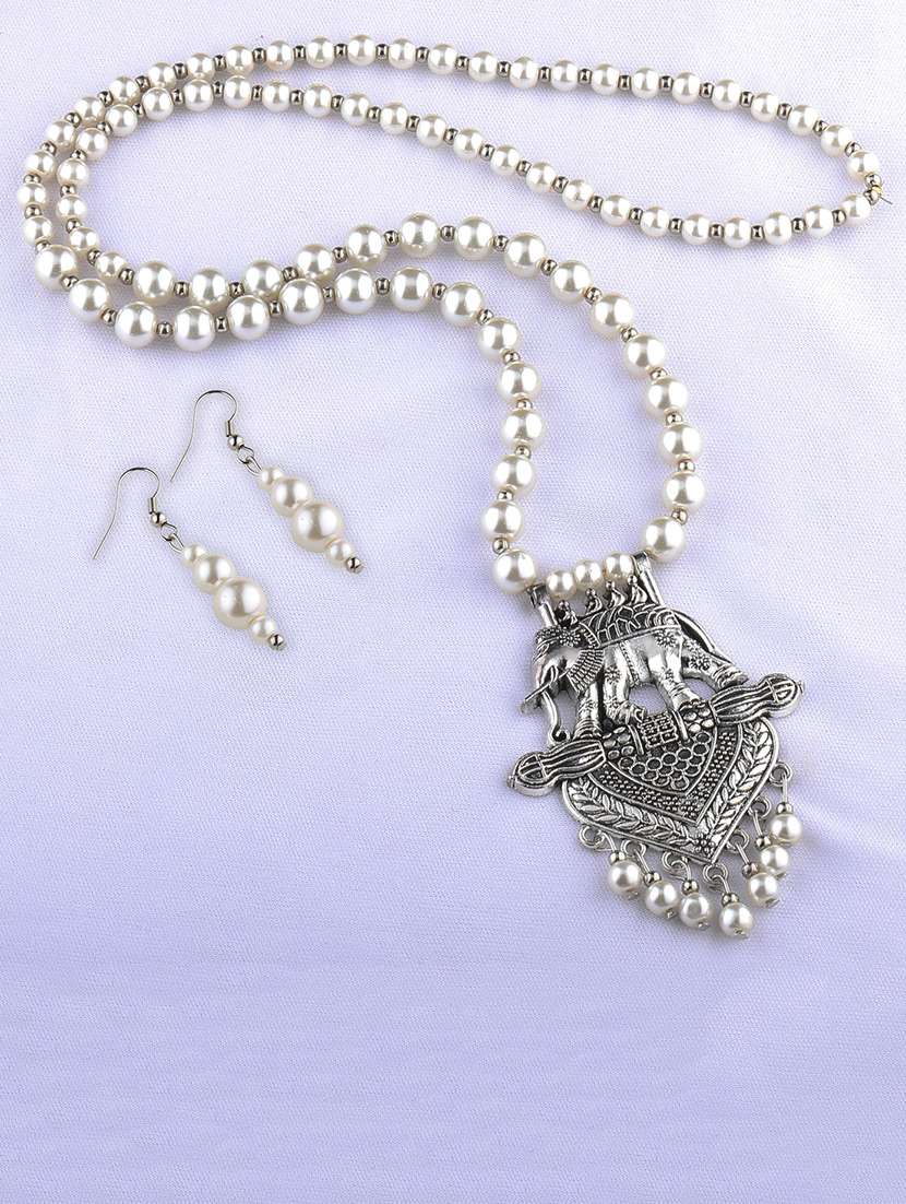 silver plated pearl long pendant with earring