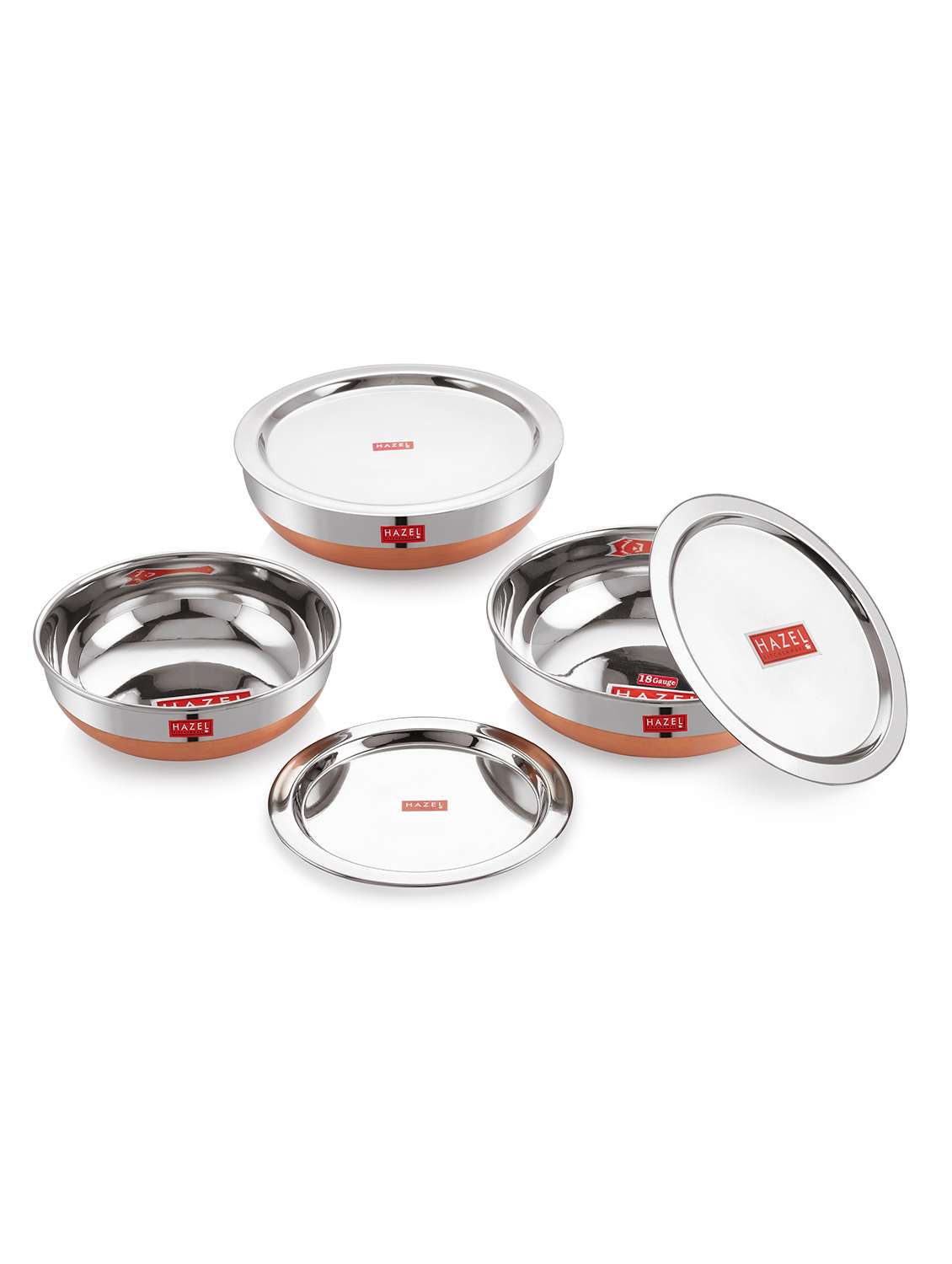 stainless steel tasra kadhai with copper bottom and lid (set of 3) 