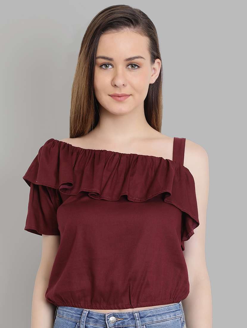 single shoulder ruffled crop top
