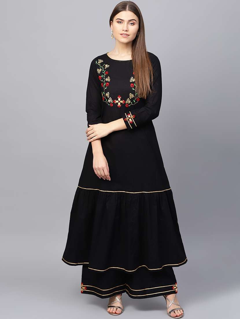 embroidered solid kurta with palazzo set