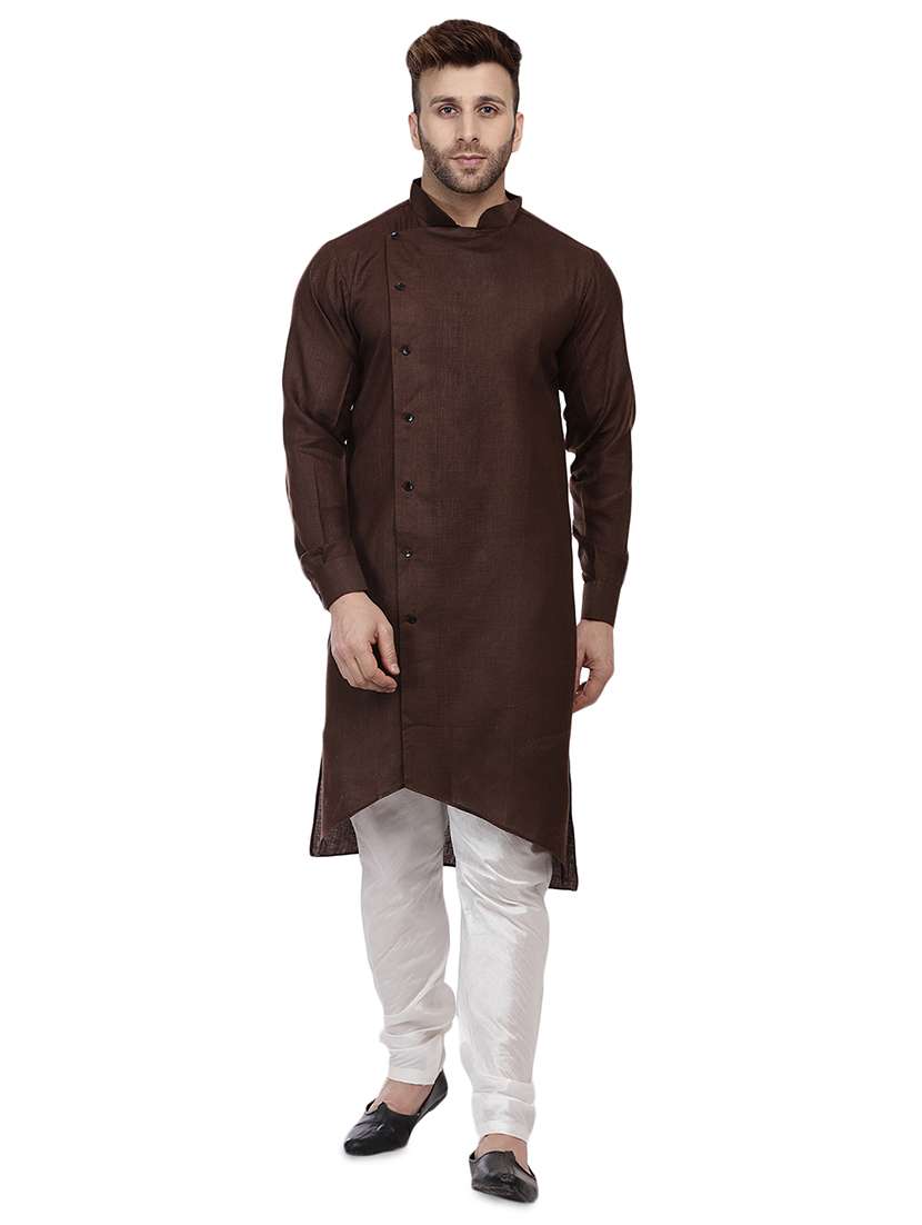 brown dupion solid asymmetric kurta - 16671761 -  Zoom Image - 0