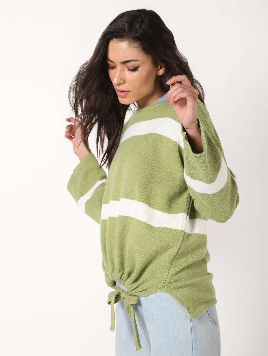 knotted hem striped wool blend pullover