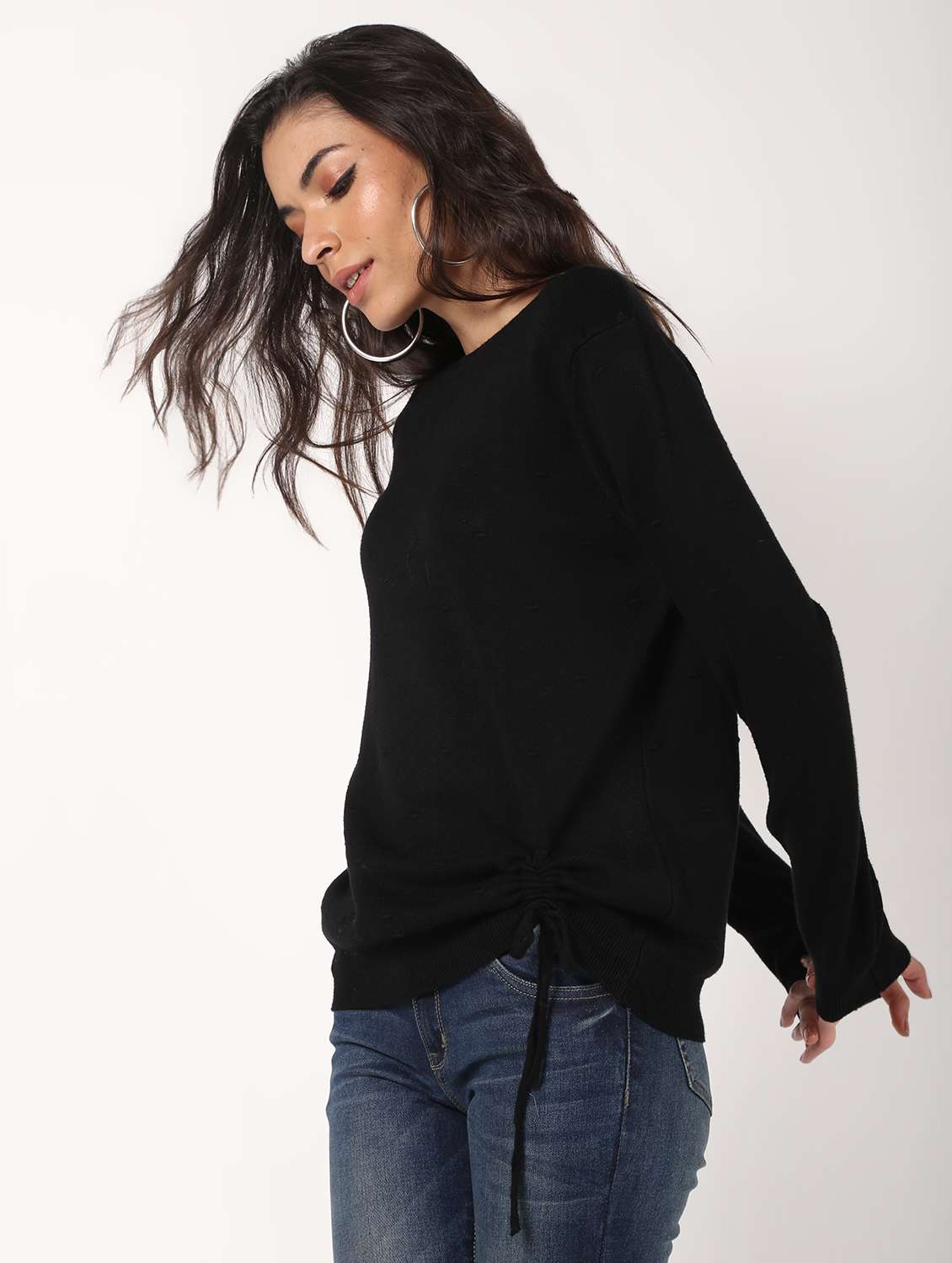 tie knot ruched long sleeved wool blend pullover