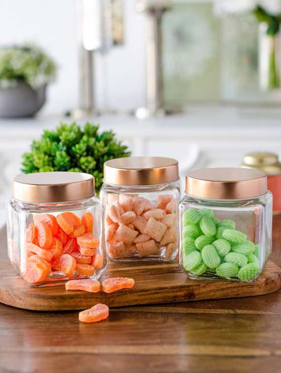 cube square glass jar with copper lid (set of 3)