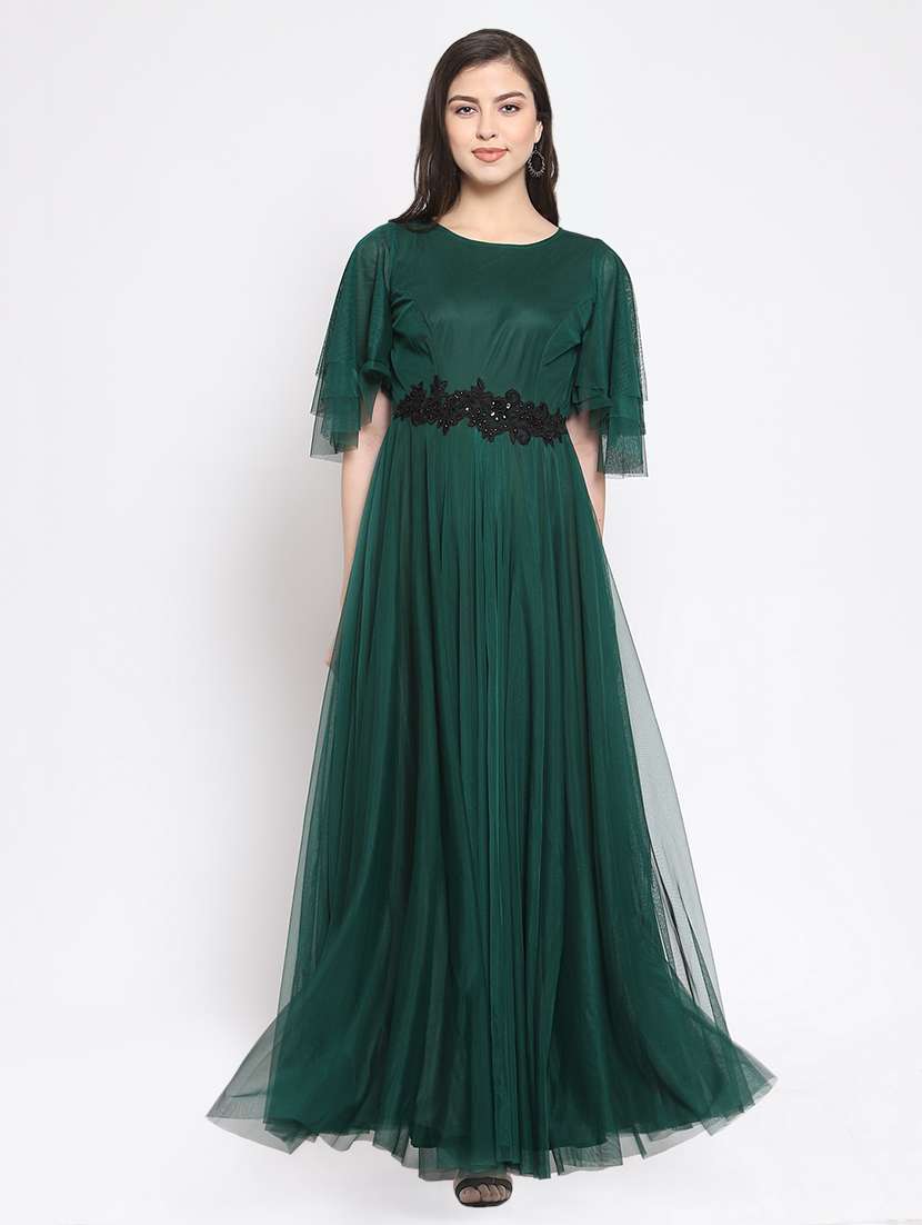 boat neck contrast embellished patch maxi dress