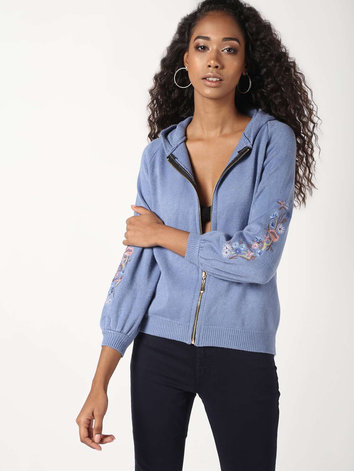 long sleeved floral embroidered hooded wool sweatshirt 