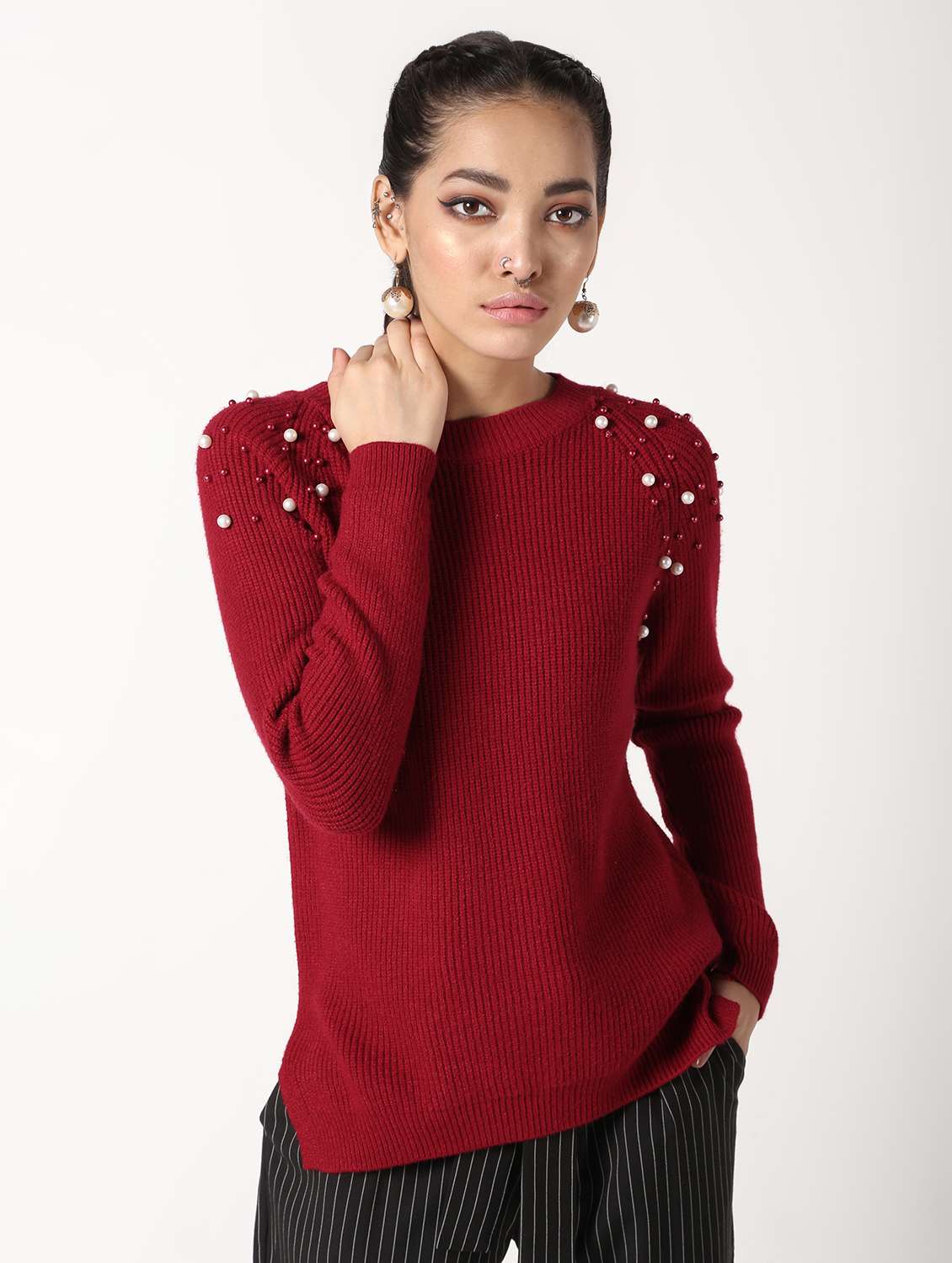 pearl embellished raglan sleeved wool blend pullover