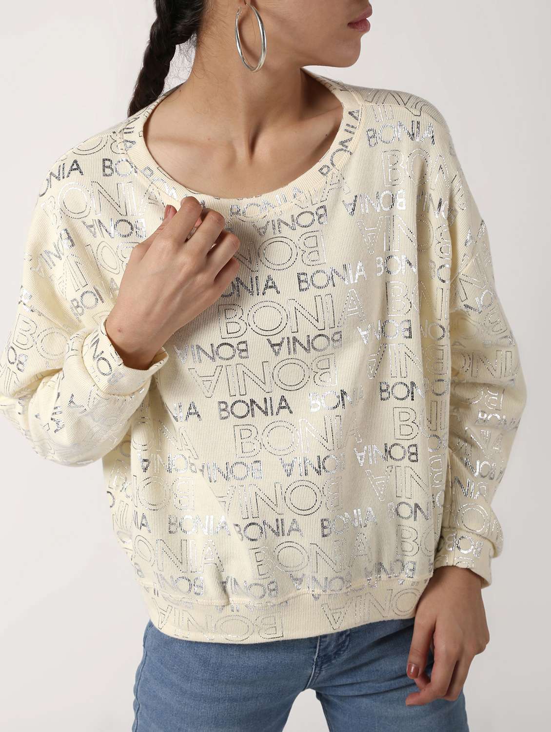drop shoulder foil print  wool blend pullover