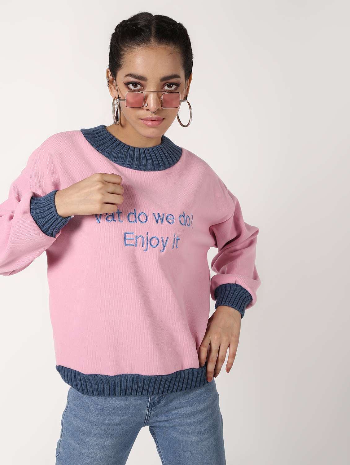 contrast bind crew neck fleece pullover