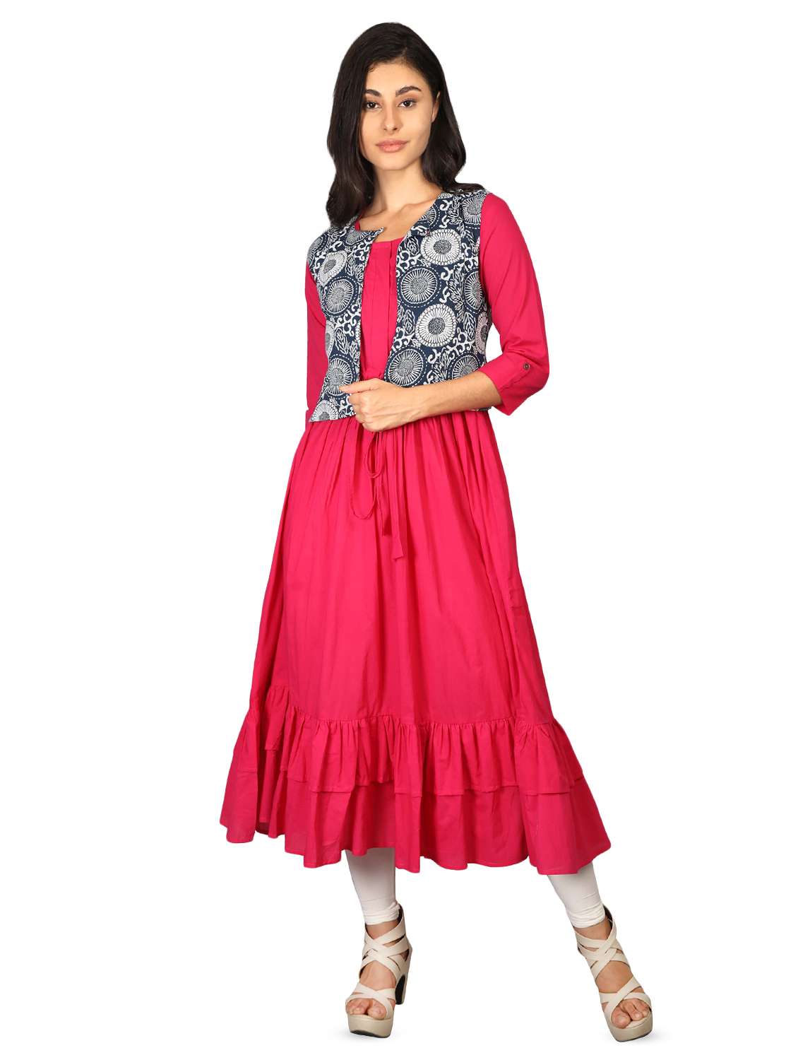ruffled solid kurta with printed jacket 