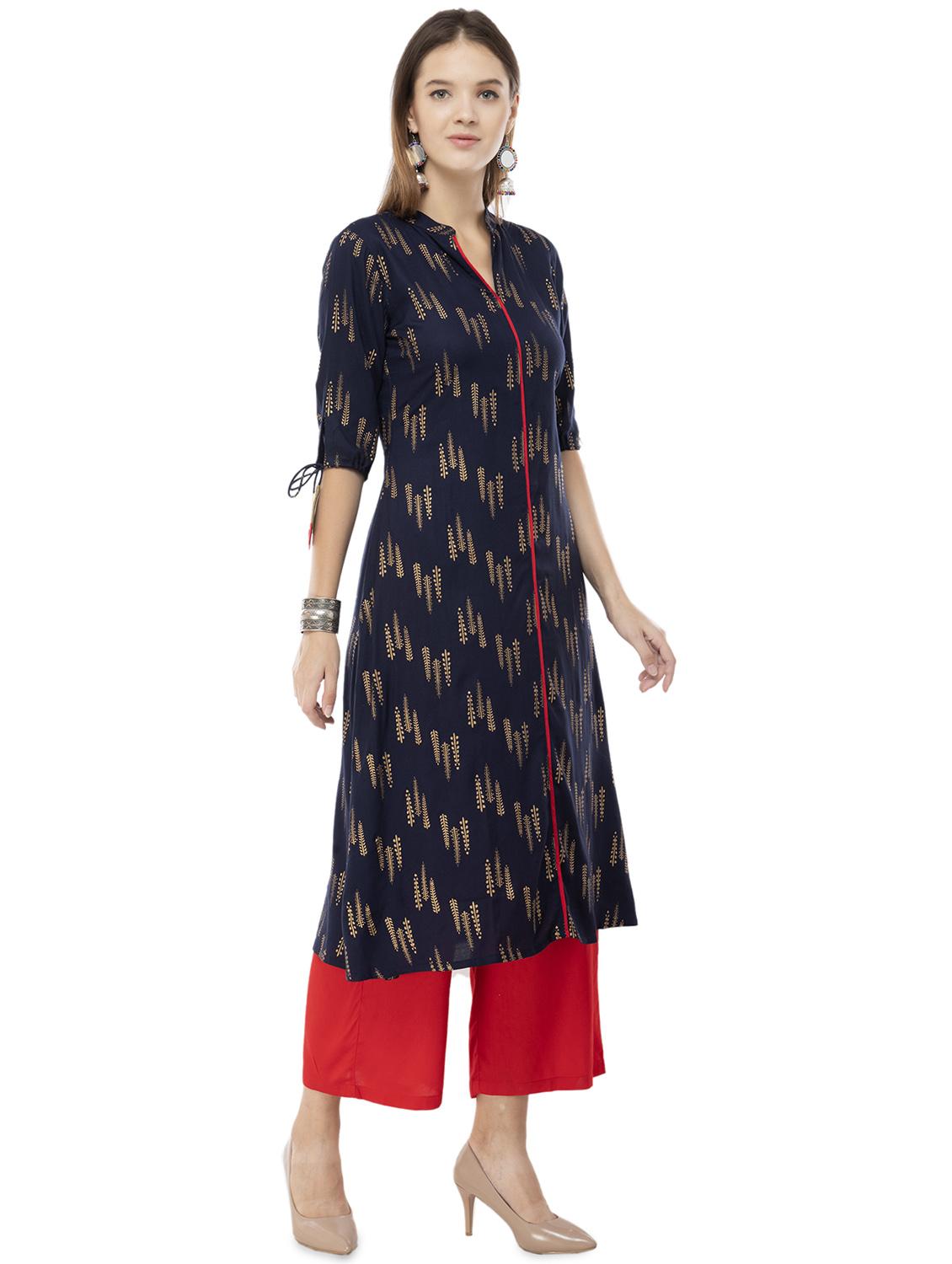 block printed a-line kurta with palazzo set - 16682437 - Standard Image - 2