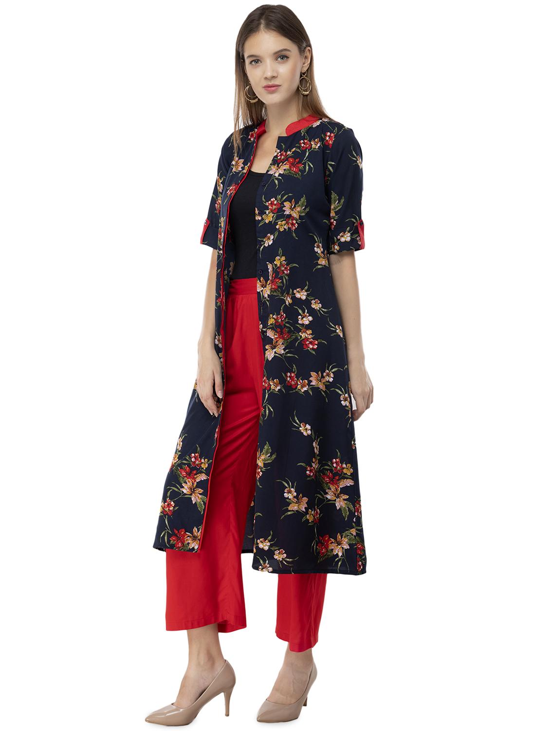 floral printed buttoned kurta with palazzo set - 16682442 - Standard Image - 2
