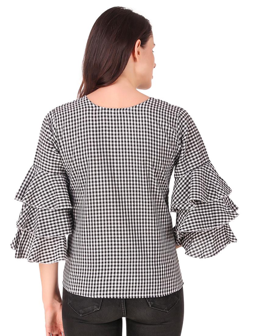 v neck bell sleeved gingham top - 16684371 - Standard Image - 2