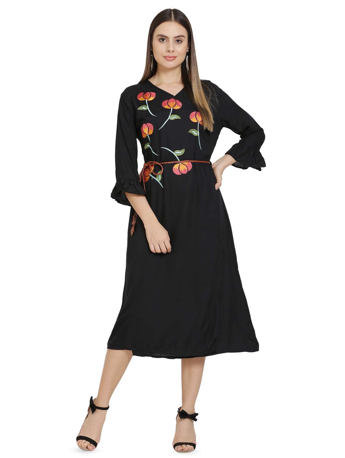 tassel tie up floral embroidered a-line dress