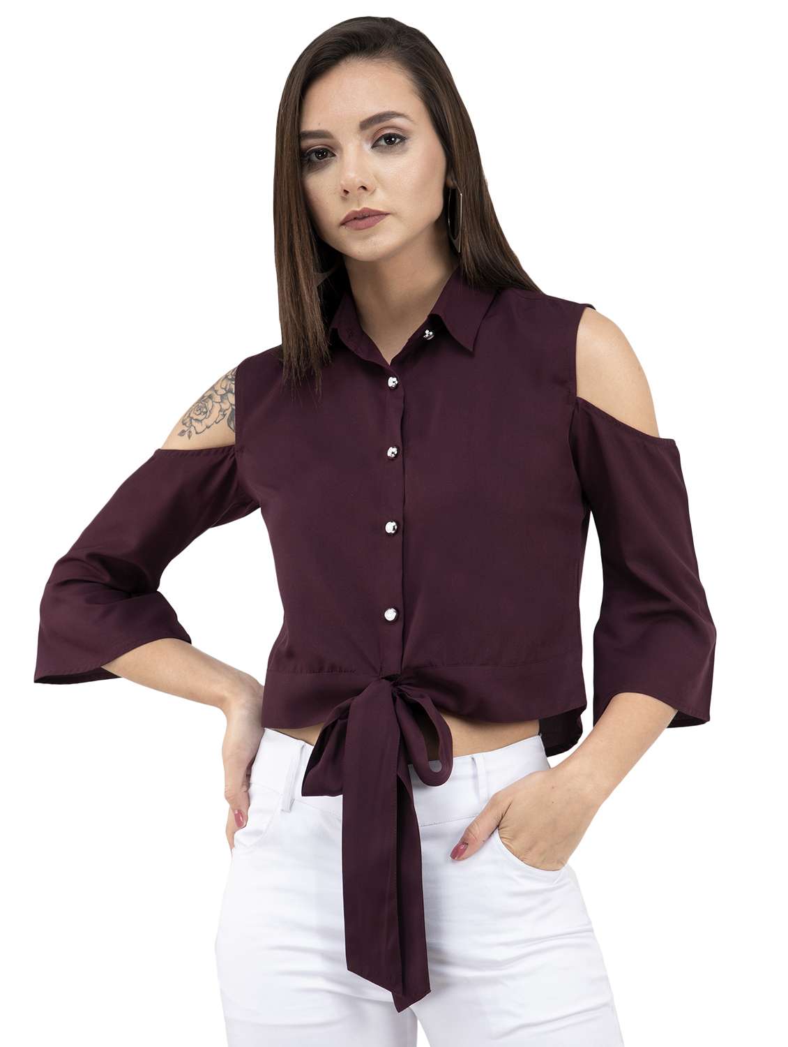 tie knot cold shoulder crop shirt
