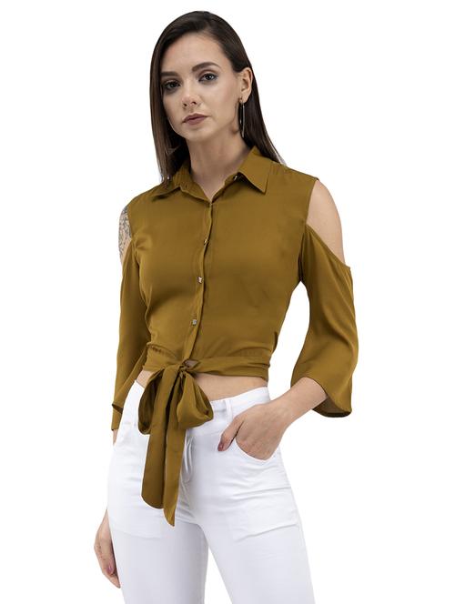 tie knot cold shoulder crop shirt - 16692299 - Standard Image - 0