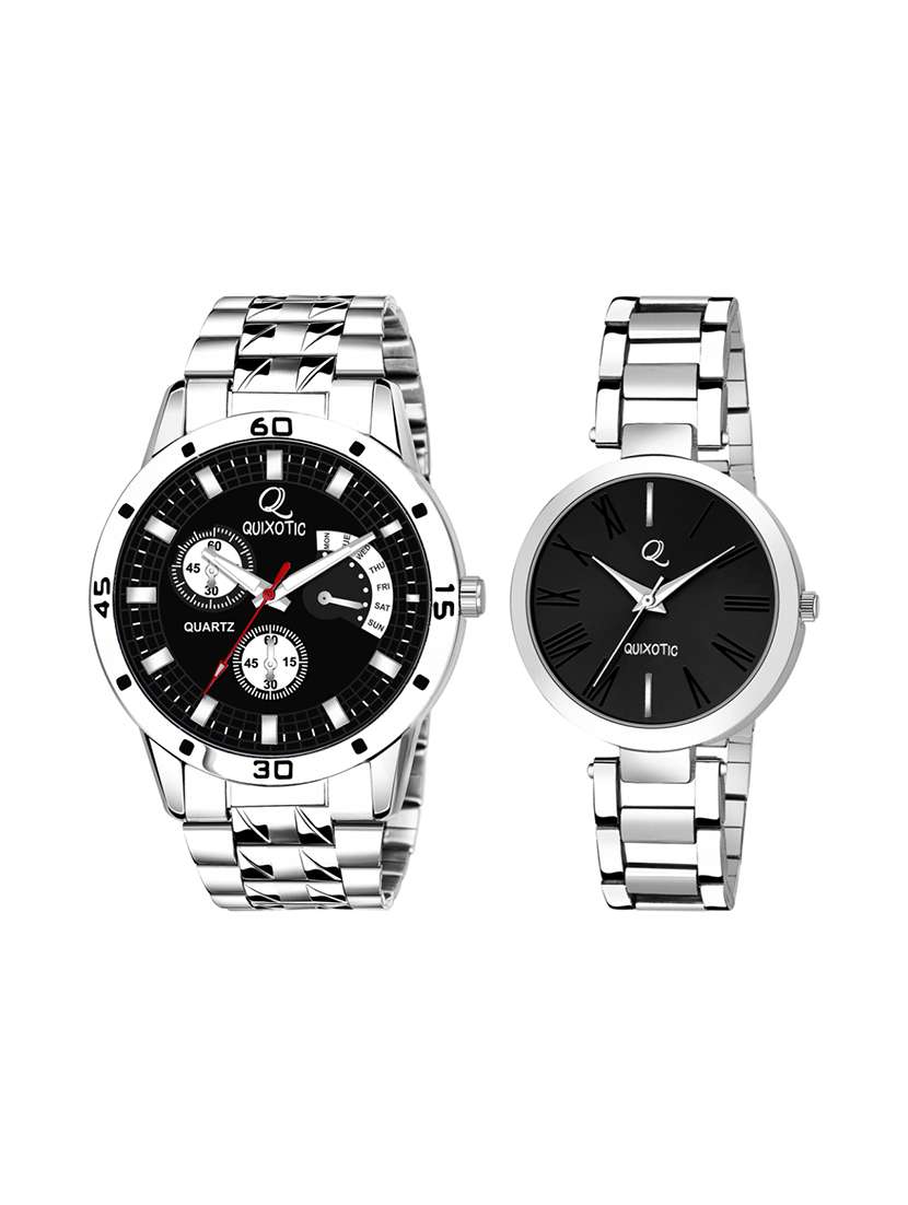 quixotic black printed & plain roman dial couple watch